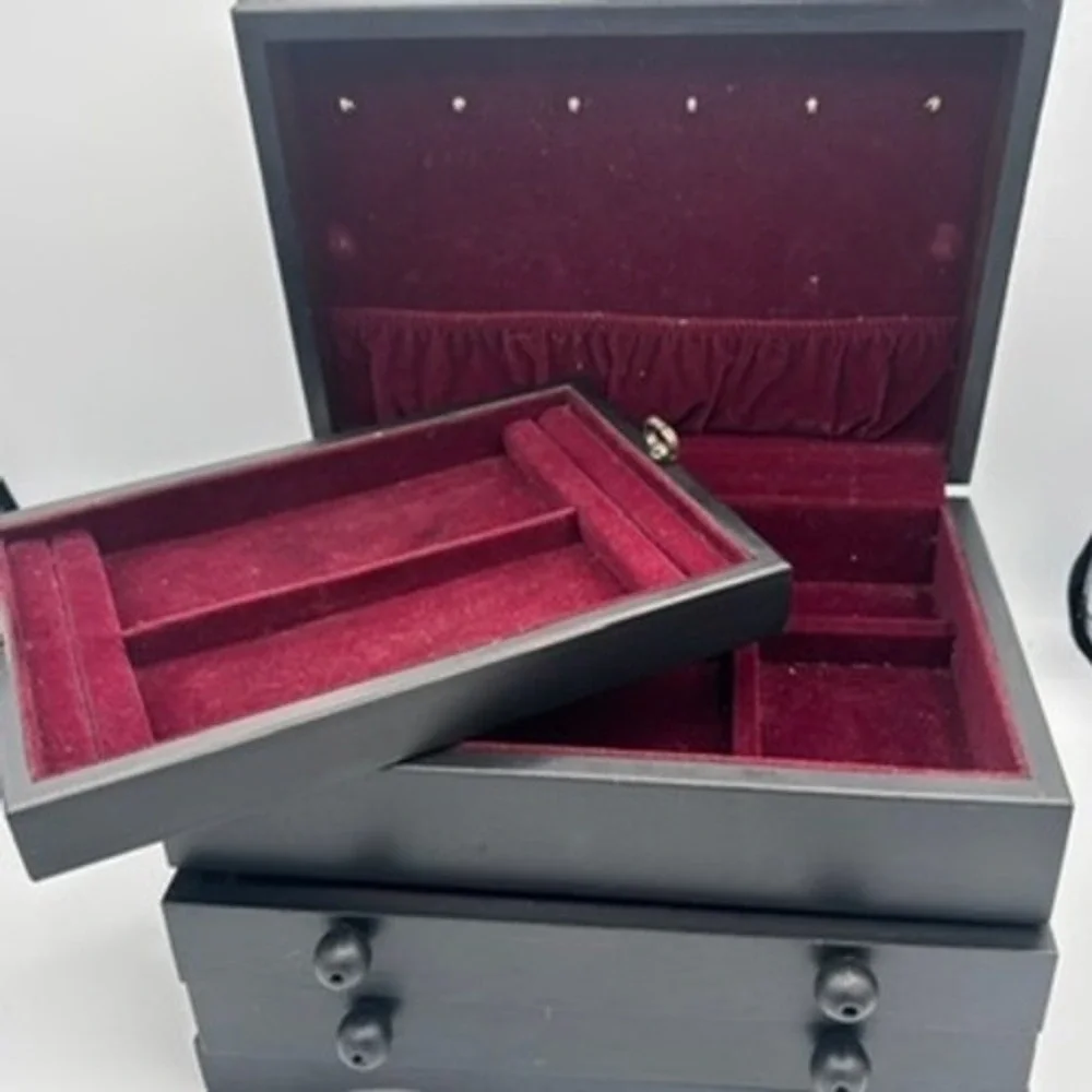 Vintage Wood Jewelry Box Organizer Black Floral Decal Storage Chest Cottagecore
